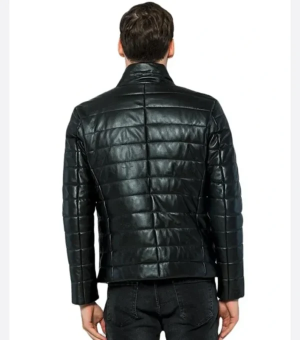 Men Puffer Style Black Leather Jacket Back