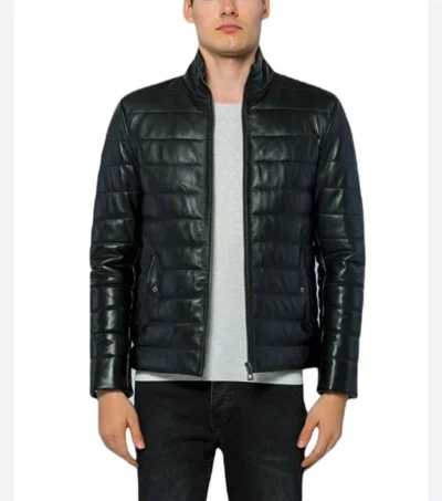 Men Puffer Style Black Leather Jacket Front
