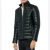 Men Puffer Style Black Leather Jacket Side Look