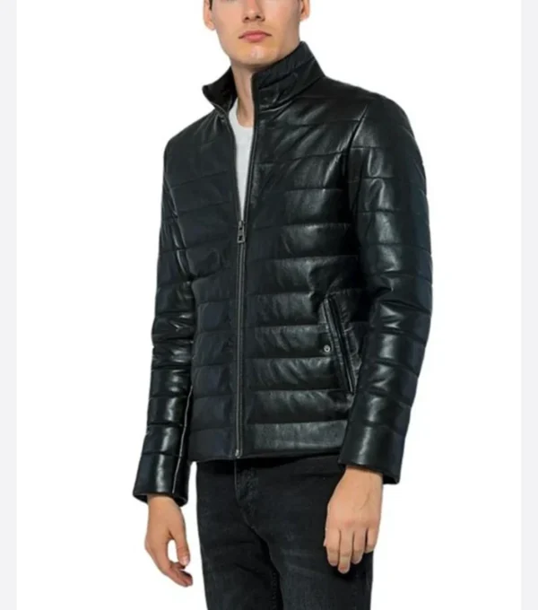Men Puffer Style Black Leather Jacket Side Look