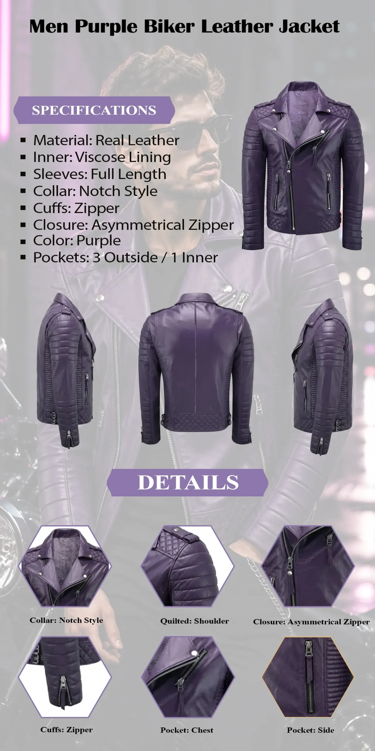Men Purple Biker Leather Jacket infograpic