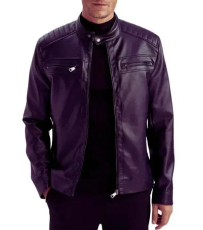 Men Purple Cafe Racer Leather Jacket