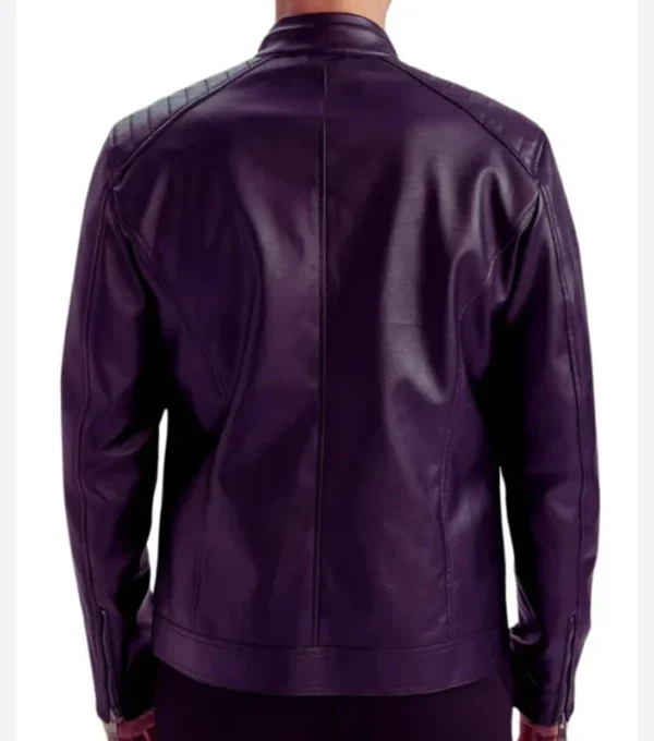 Men Purple Cafe Racer Leather Jacket Back