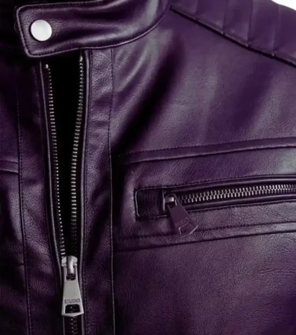 Men Purple Cafe Racer Leather Jacket Front