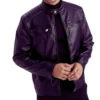Men Purple Cafe Racer Leather Jacket Side Look
