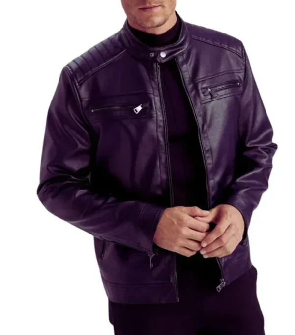 Men Purple Cafe Racer Leather Jacket Side Look