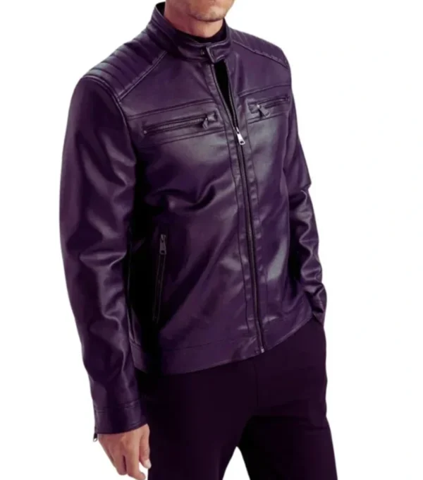 Men Purple Cafe Racer Leather Jacket on Sale