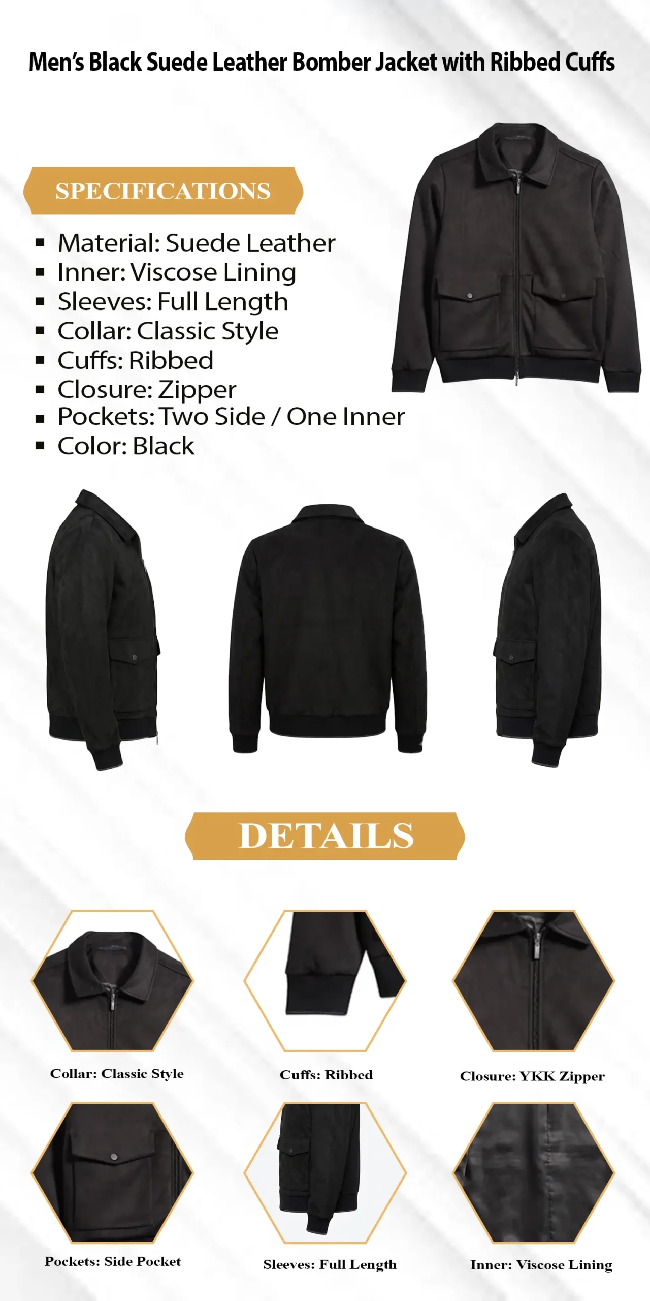 Men’s Black Suede Leather Bomber Jacket with Ribbed Cuffs infographic
