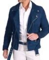 Mens Blue Motorcycle Leather Jacket Front