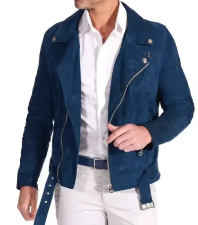 Mens Blue Motorcycle Leather Jacket Front