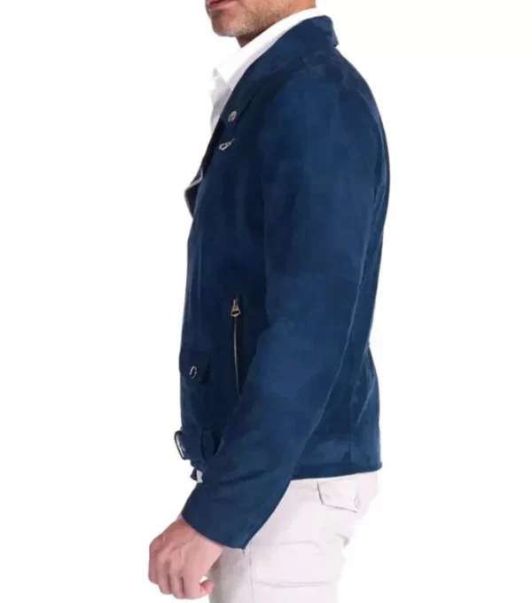 Mens Blue Motorcycle Leather Jacket Side Look