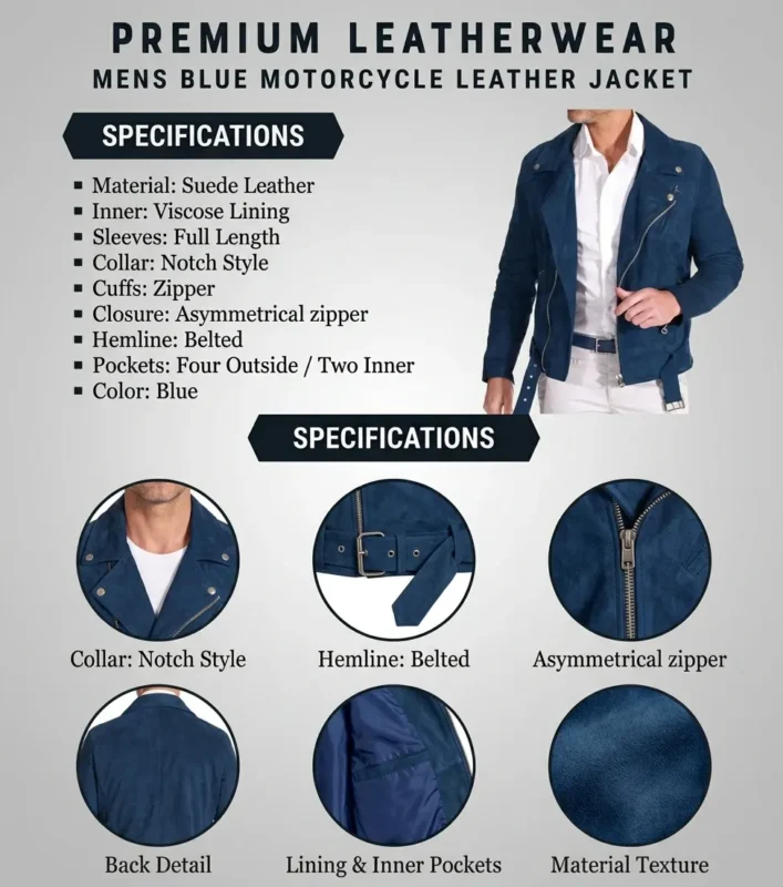 Mens Blue Motorcycle Leather Jacket info graphic