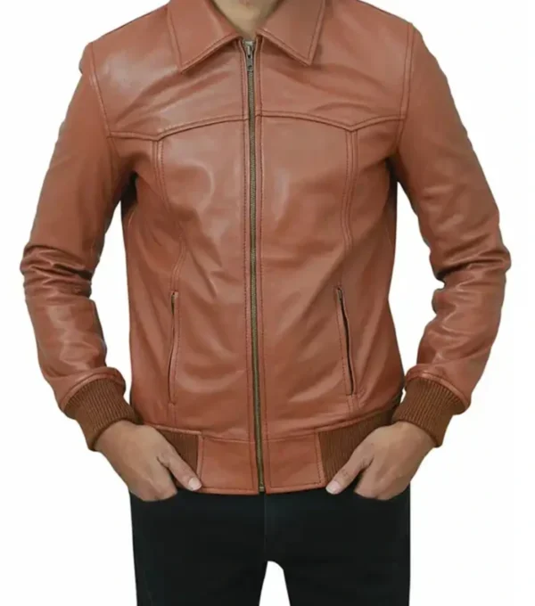 Mens Bomber Style Brown Leather Jacket