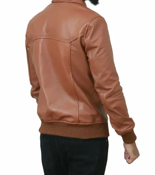Mens Bomber Style Brown Leather Jacket Back Look