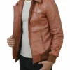 Mens Bomber Style Brown Leather Jacket Side Look