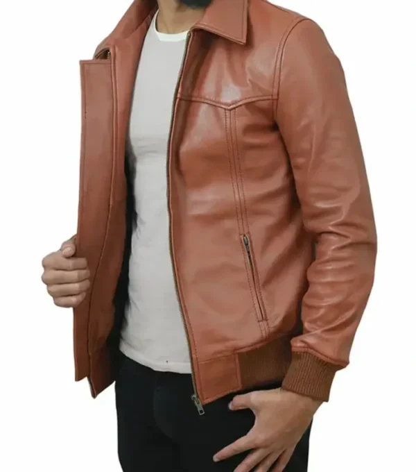 Mens Bomber Style Brown Leather Jacket Side Look