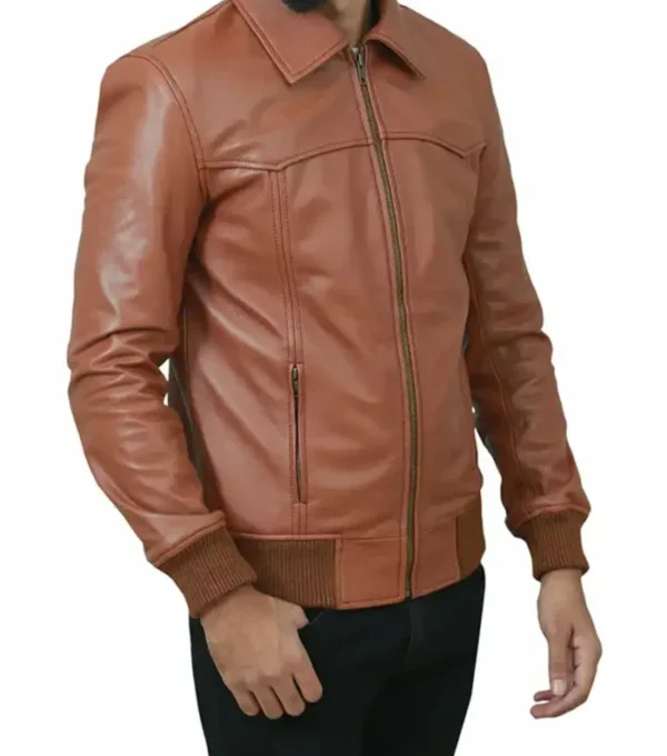 Mens Bomber Style Brown Leather Jacket on Sale