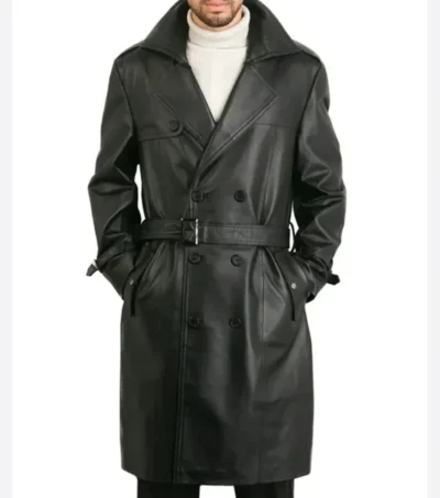 Mens Classic Belted Leather Trench Coat