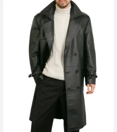 Mens Classic Belted Leather Trench Coat Front