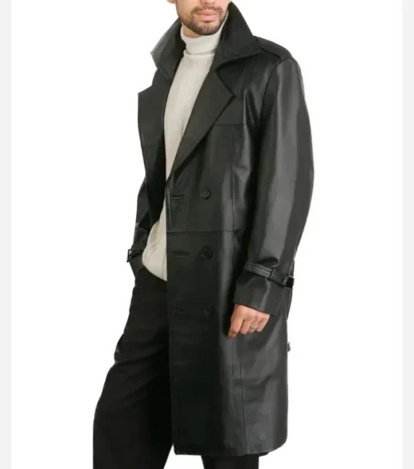 Mens Classic Belted Leather Trench Coat Side Look