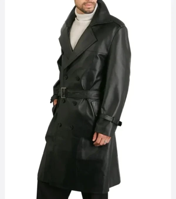 Mens Classic Belted Leather Trench Coat on Sale