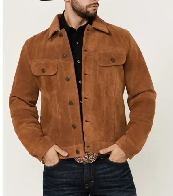 Mens Classic Brown Suede Trucker Jacket Front