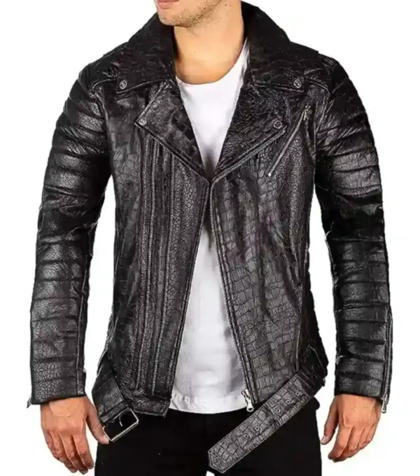 Mens Crocodile Black Leather Biker Jacket