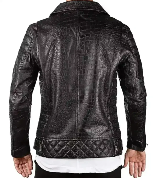 Mens Crocodile Black Leather Biker Jacket Back