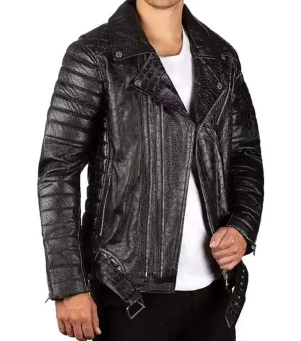 Mens Crocodile Black Leather Biker Jacket Side Look