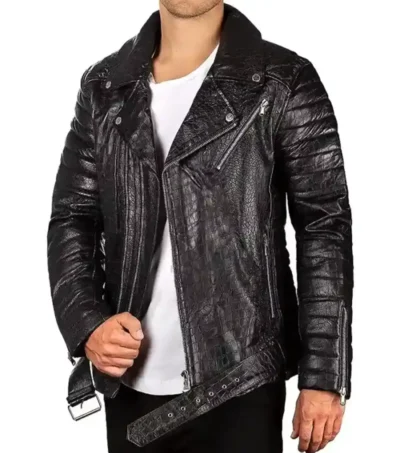 Mens Crocodile Black Leather Biker Jacket on Sale