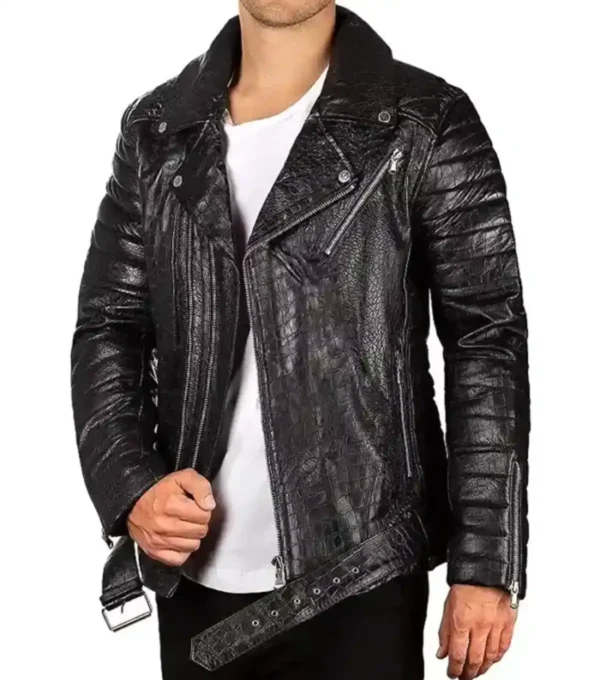 Mens Crocodile Black Leather Biker Jacket on Sale