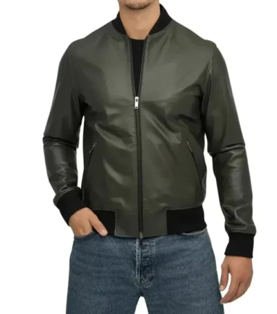 Mens Olive Green Bomber Style Leather Jacket