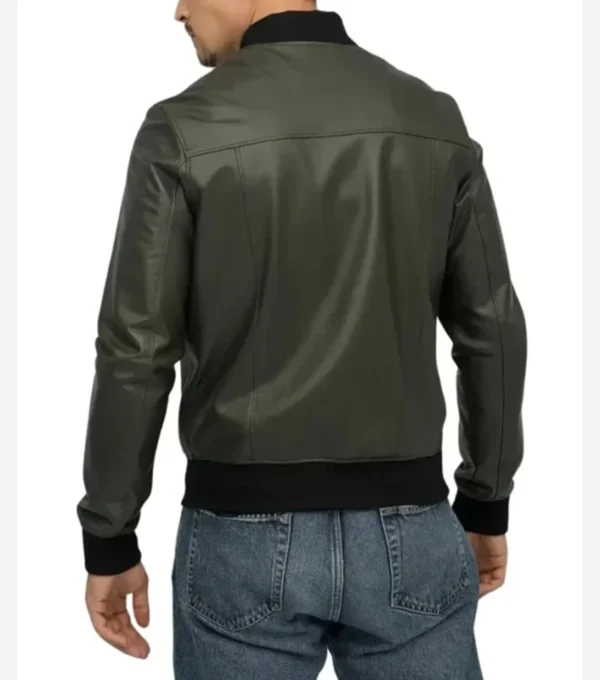 Mens Olive Green Bomber Style Leather Jacket Back