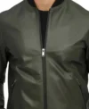 Mens Olive Green Bomber Style Leather Jacket Front