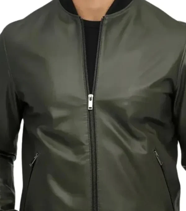 Mens Olive Green Bomber Style Leather Jacket Front