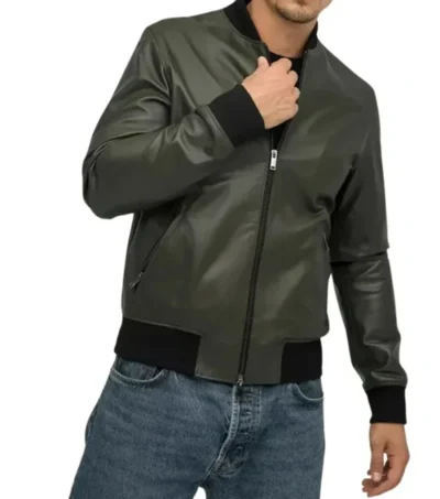 Mens Olive Green Bomber Style Leather Jacket on Sale