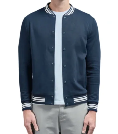 Navy Blue Varsity Snap Tab Wool Jacket