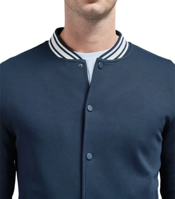 Navy Blue Varsity Snap Tab Wool Jacket Closer