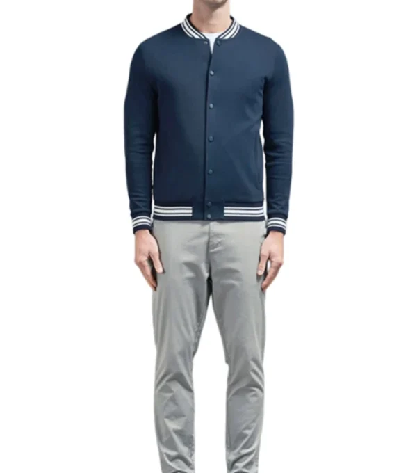 Navy Blue Varsity Snap Tab Wool Jacket Front