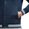 Navy Blue Varsity Snap Tab Wool Jacket Pocket