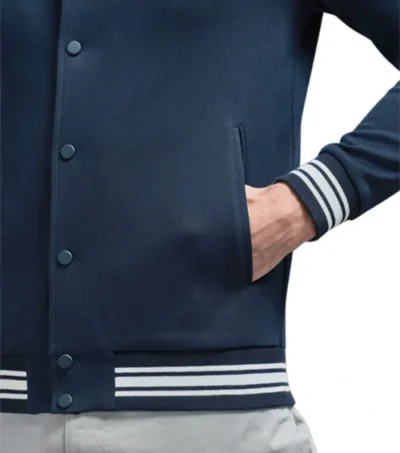 Navy Blue Varsity Snap Tab Wool Jacket Pocket