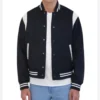 Navy Blue Wool Bomber Jacket with White Sleeves