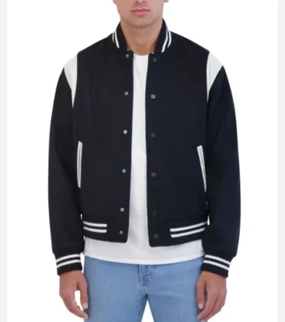 Navy Blue Wool Bomber Jacket with White Sleeves