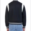 Navy Blue Wool Bomber Jacket with White Sleeves Back