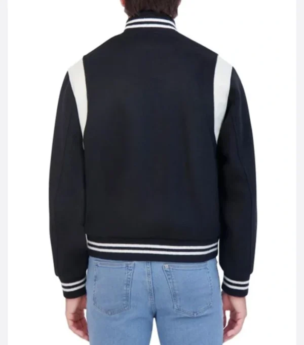 Navy Blue Wool Bomber Jacket with White Sleeves Back