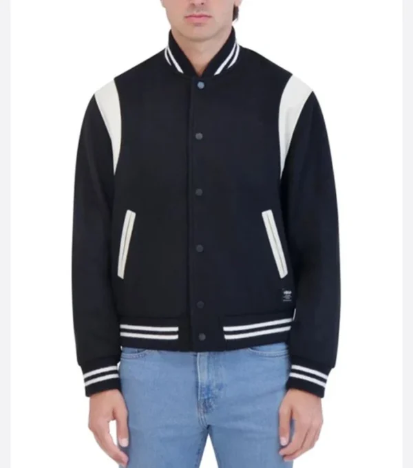 Navy Blue Wool Bomber Jacket with White Sleeves Front