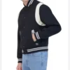 Navy Blue Wool Bomber Jacket with White Sleeves Side Look