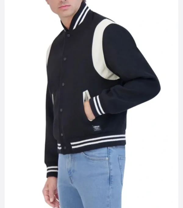 Navy Blue Wool Bomber Jacket with White Sleeves Side Look