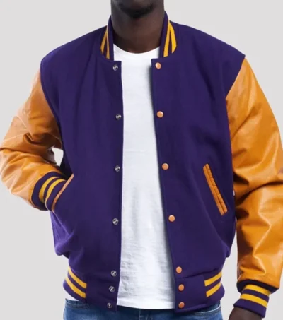 Purple Wool Varsity Jacket with Gold Sleeves