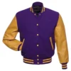 Purple Wool Varsity Jacket with Gold Sleeves Front
